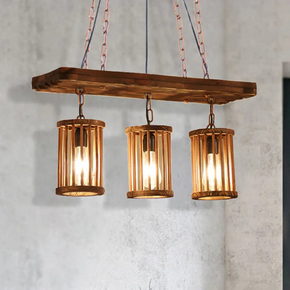 Industrial Wooden Chandelier with Cylinder Shades - 2/3 Light Ceiling Lamp for Dining Room