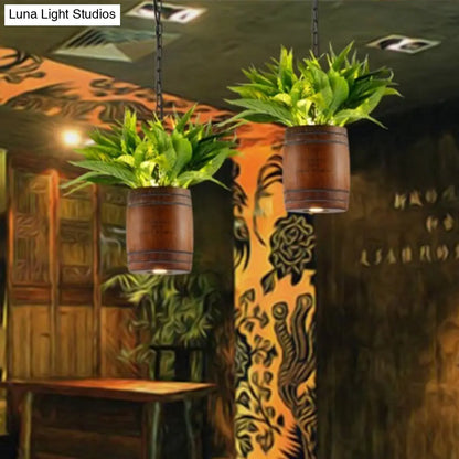 Industrial Wooden Pendant Lamp with Plant for Restaurant - Barrel Suspension Style