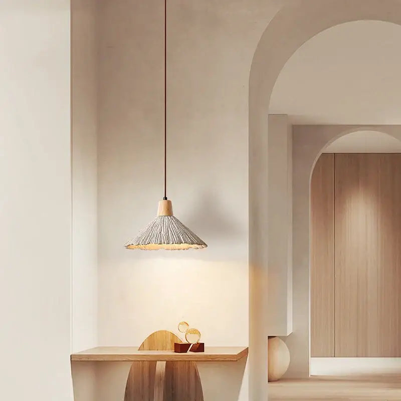 Woven conical pendant light with natural wood top and dark cord for kitchen decorbites concrete pendant lighting