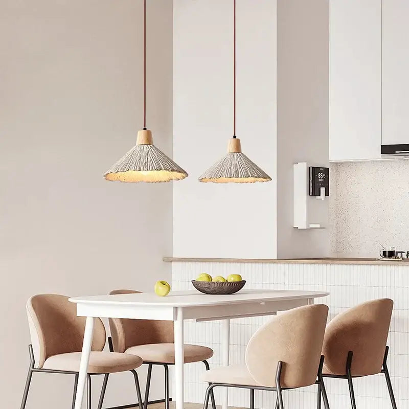 Two natural-toned woven pendant lights with wooden tops for industrial decorbites concrete pendant kitchen fixture