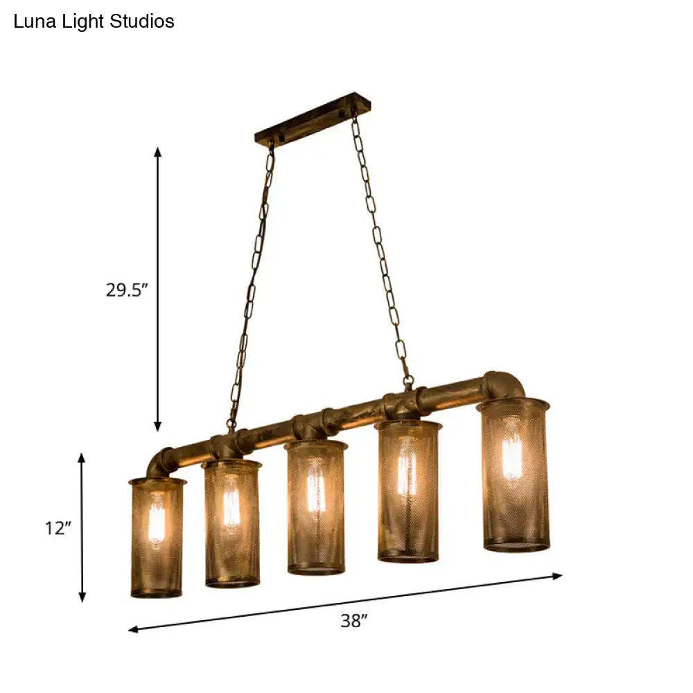 Industrial-style pendant light with a brass-finished wrought iron pipe frame and five amber glass cylinders bulb base 110v-120v