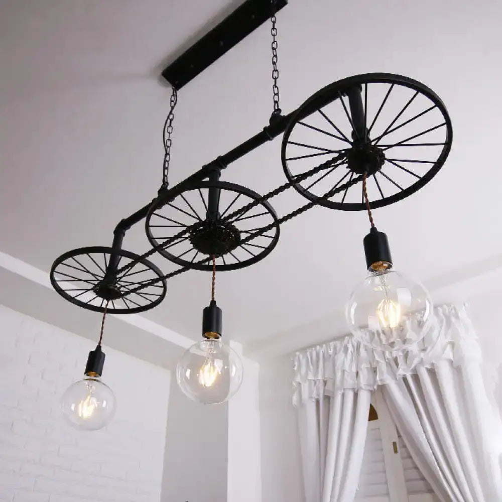 DecorBites vintage industrial black island light with wrought iron three-wheel design for living room ceiling lighting