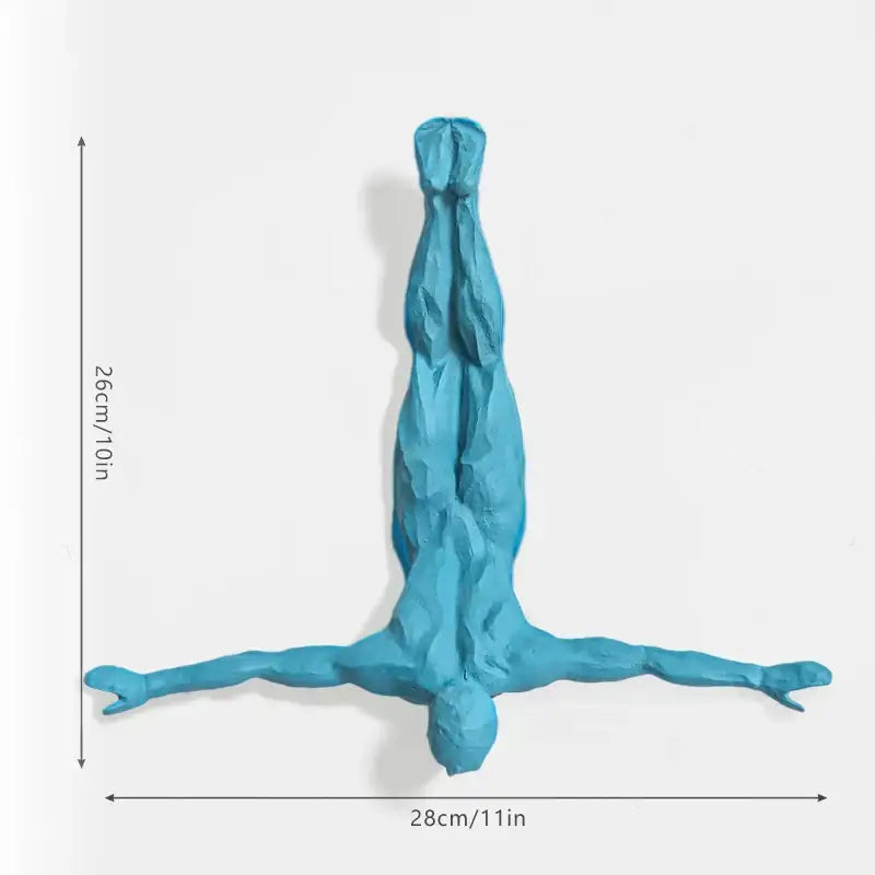 Blue textured bungee jumper wall sculpture of a person in inverted yoga pose for industrial living room decorbites decor