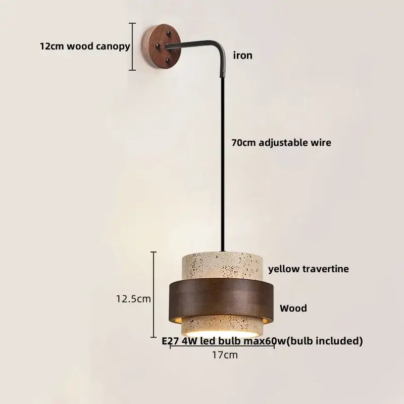A modern wall lamp featuring a yellow travertine shade with pull chain switch and rustic wood canopy for bedroom use
