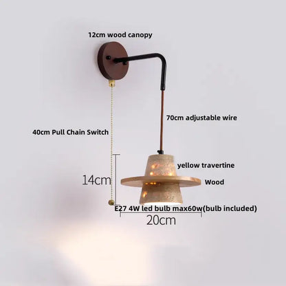 Industrial yellow travertine wall lamp with pull chain switch, wood canopy, adjustable arm, and e27 led bulb for bedroom