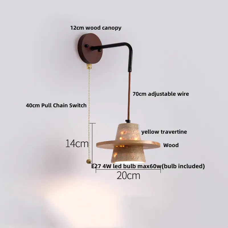 Industrial yellow travertine wall lamp with pull chain switch, wood canopy, adjustable arm, and e27 led bulb for bedroom