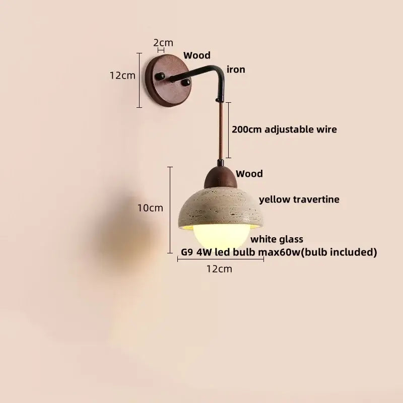 Industrial yellow travertine wall lamp with pull chain switch, wooden base, adjustable black iron arm, and dome shade