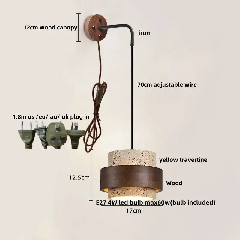 Rustic industrial-style wall lamp with pull chain switch featuring yellow travertine shade and adjustable iron arm for bedroom use