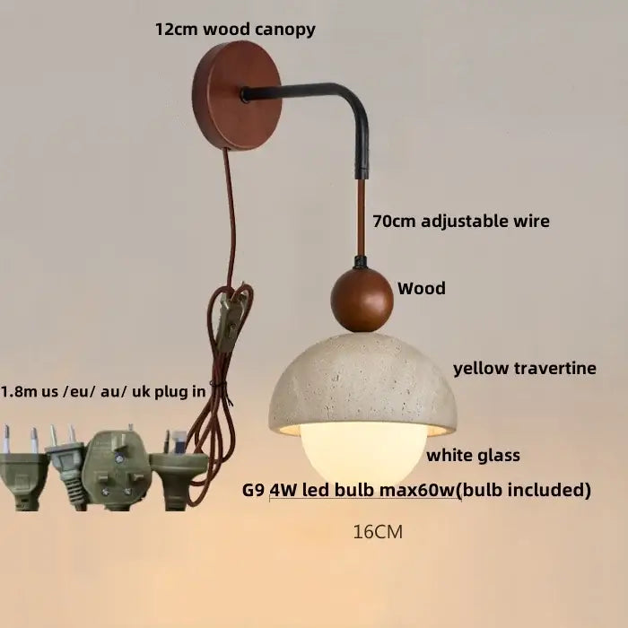 Industrial yellow travertine wall lamp with a 12cm wooden canopy, curved black metal arm, and pull chain switch for bedroom