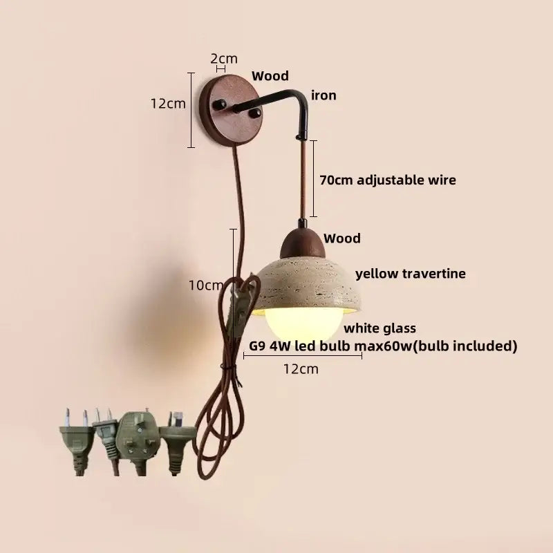 Industrial yellow travertine wall lamp with curved iron arm wooden shade pull chain switch and white glass diffuser