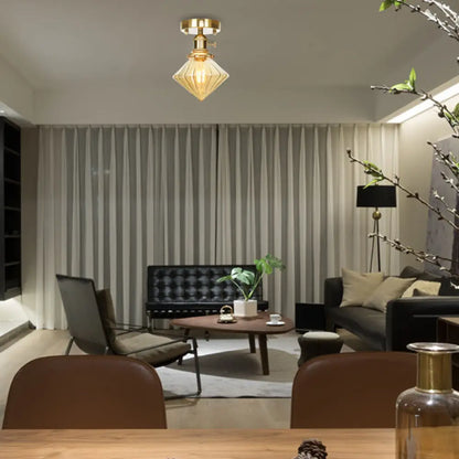 DecorBites™ DecorBites™ Industrially Styled Gem Shade Semi Flush Light for Living Rooms with Prismatic Glass and Clear/Amber Lamping