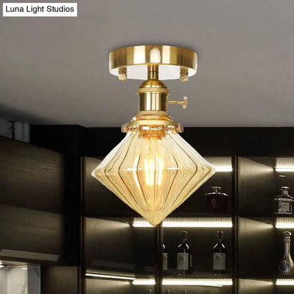 DecorBites™ DecorBites™ Industrially Styled Gem Shade Semi Flush Light for Living Rooms with Prismatic Glass and Clear/Amber Lamping