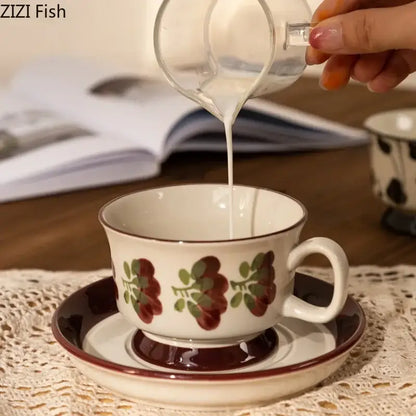 White ceramic ink flowers ceramic cup and saucer set with red and green floral pattern for dining room decorbites ink flowers
