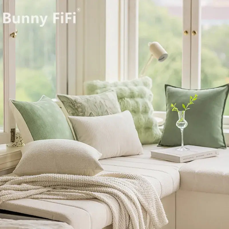 Soft sage green velvet cushion with subtle texture and clean edges in decorbites ins wind matcha green living room decor