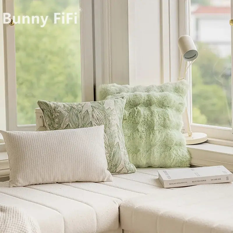 Soft mint-green faux fur throw pillow with a textured fluffy surface for ins wind matcha green living room decorbites ins wind