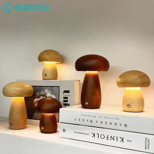 INS Wooden Creative Mushroom Night Light Stepless Dimming Bedside Table Lamp 3 Color Rechargeable Sleeping Nightlights
