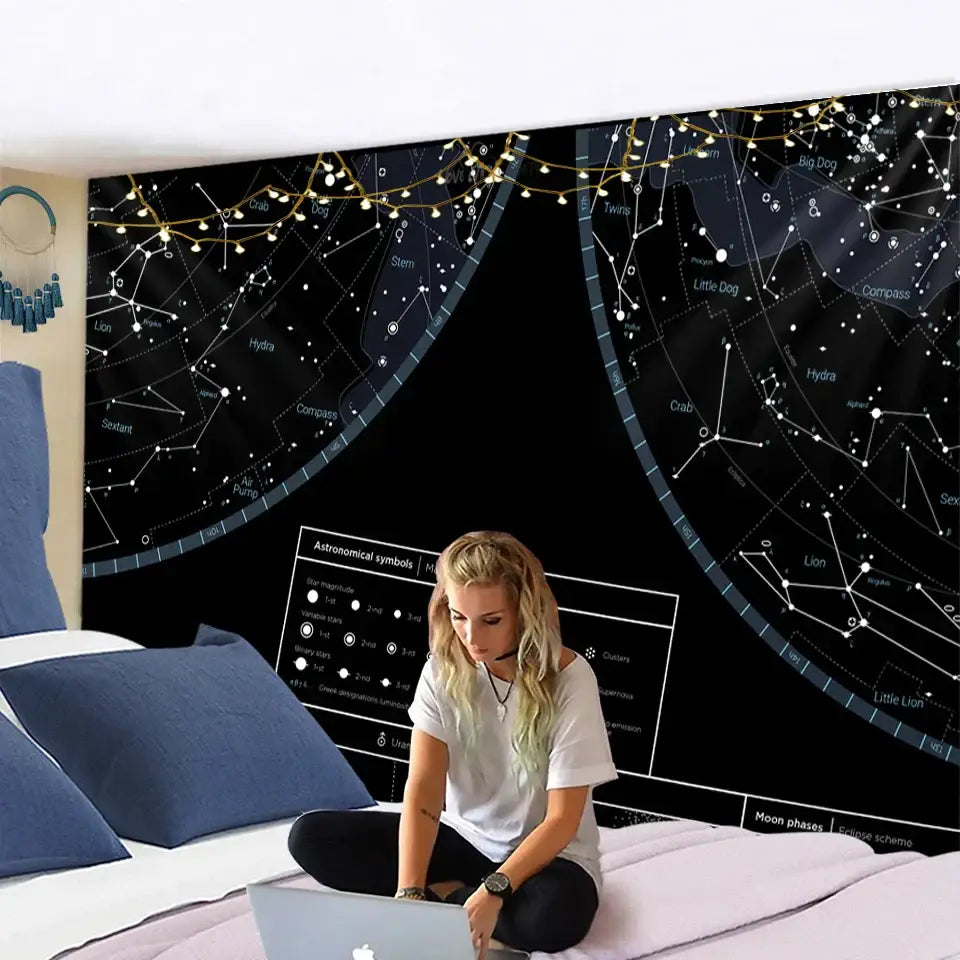 Black celestial tapestry featuring interstellar sky map constellations with labeled stars moon phases for bedroom decorbites interstellar sky