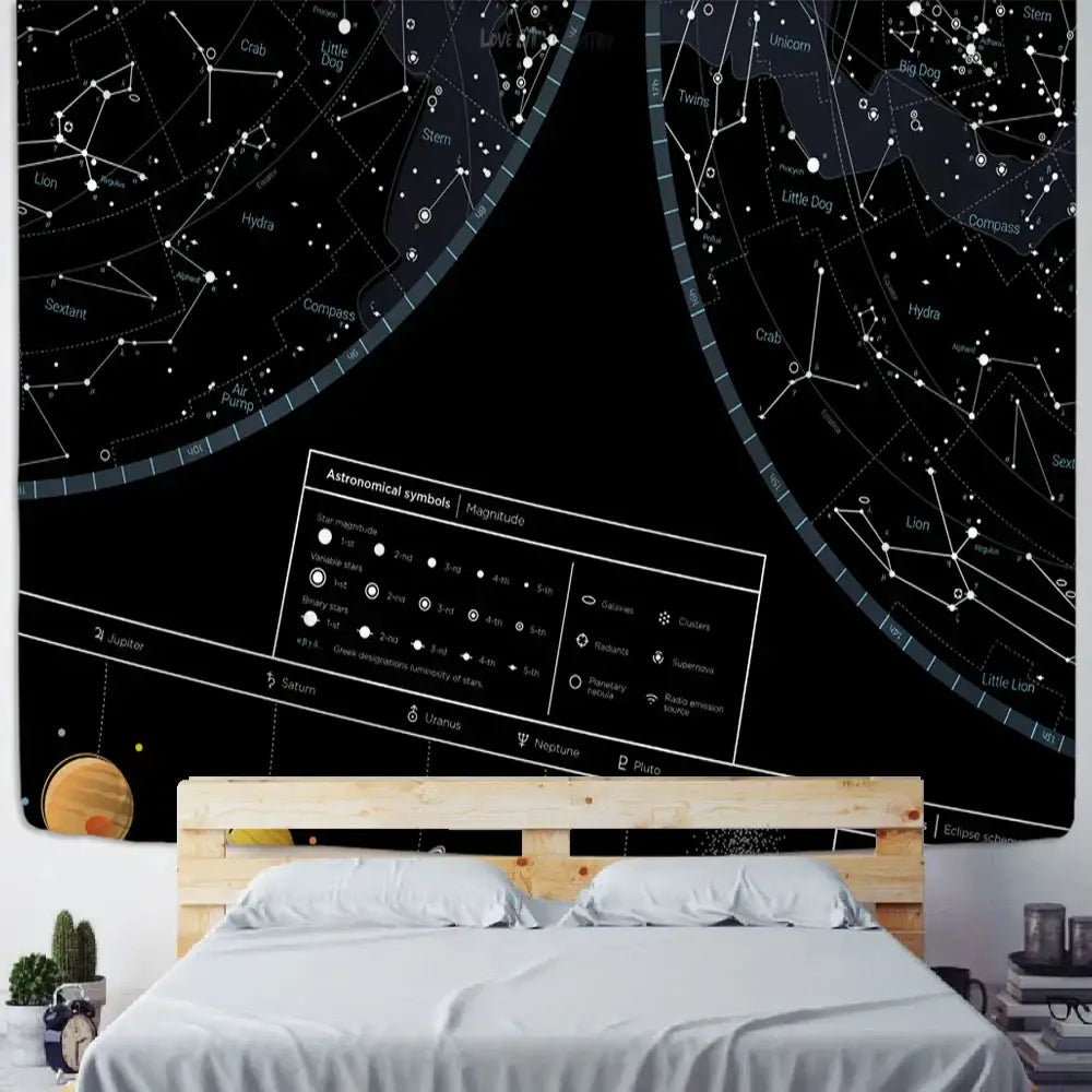 Black celestial tapestry decorbites interstellar sky map featuring white star maps constellations for bedroom decor