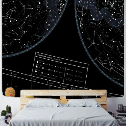 Black celestial tapestry decorbites interstellar sky map featuring white star maps constellations for bedroom decor