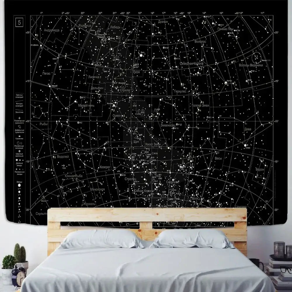 Black celestial tapestry with white sky map constellations hanging above wooden bed frame for decorbites interstellar sky decor