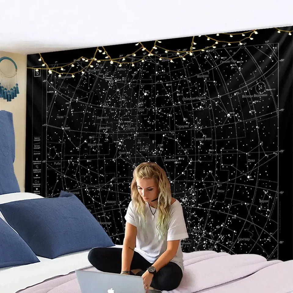 Black celestial tapestry decorbites interstellar sky map with white constellations and string lights for bedroom decor