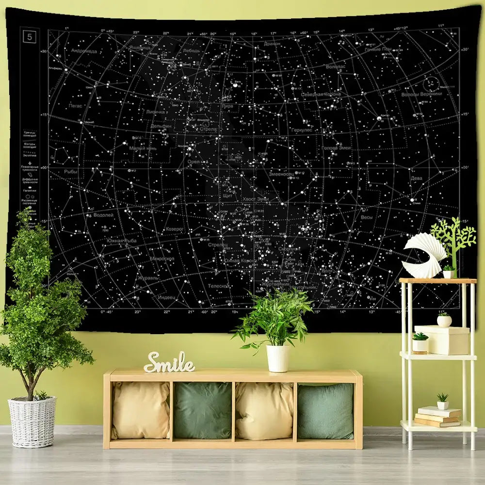 Black celestial tapestry featuring a detailed interstellar sky map with constellations for bedroom decorbites interstellar sky decor