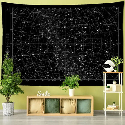 Black celestial tapestry featuring a detailed interstellar sky map with constellations for bedroom decorbites interstellar sky decor