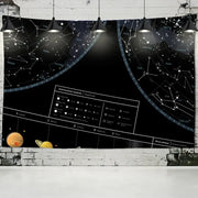 Black celestial tapestry featuring white star constellations and labeled planets in orange and yellow hues for interstellar sky map decorbites bedroom