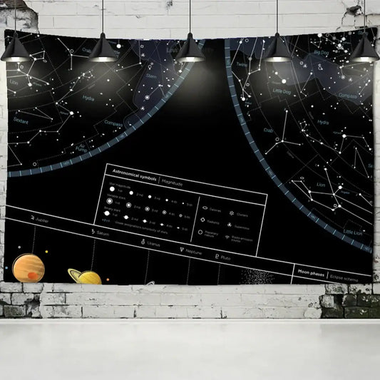 Black celestial tapestry featuring white star constellations and labeled planets in orange and yellow hues for interstellar sky map decorbites bedroom