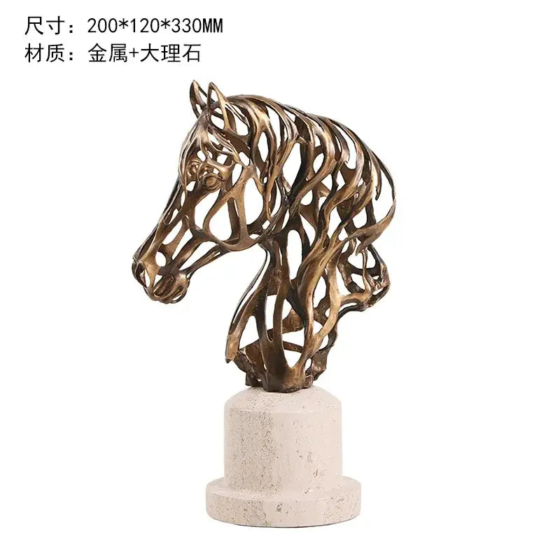 Intricate bronze metal horse decoration with latticed design mounted on beige marble base for living room display