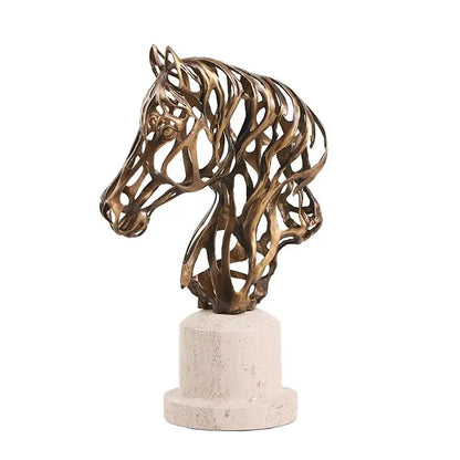 Intricate bronze metal horse decoration with woven wire design mounted on textured white stone base for living room