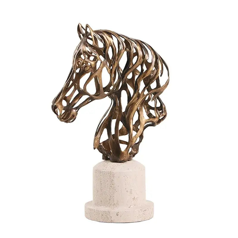 Intricate bronze metal horse decoration with woven wire design mounted on textured white stone base for living room