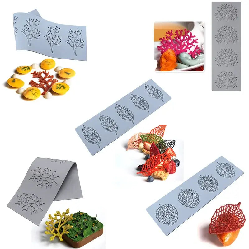 Gray silicone mold featuring intricate decorbites coral branch and coral branch leaf designs for kitchen use