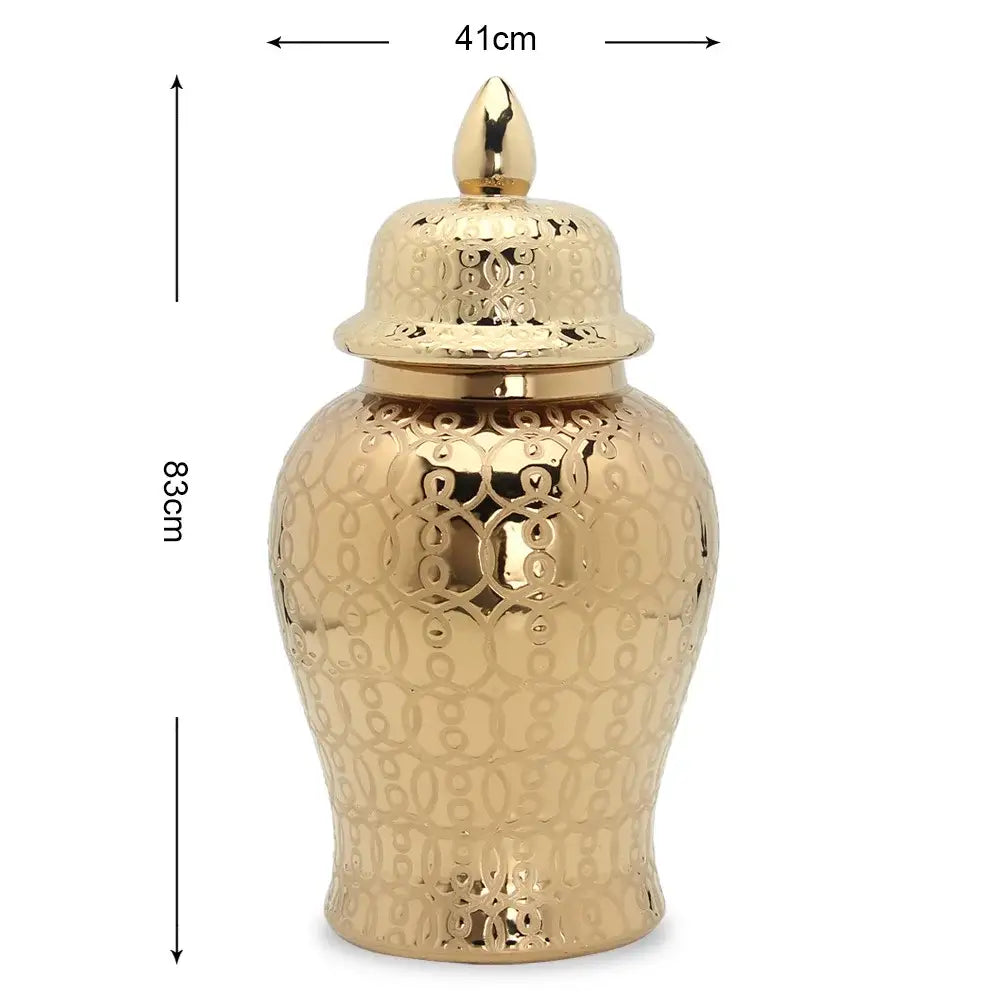 Golden ceramic jar vase with intricate circular golden pattern and matching lid for decorbites golden pattern decor