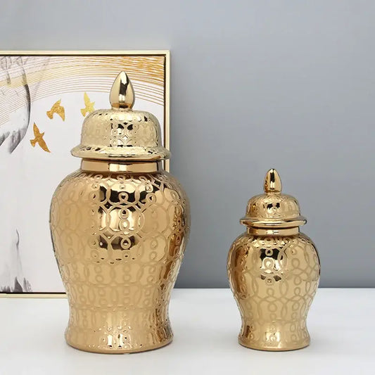 Golden ceramic jar vase with intricate circular golden pattern and matching lids for living room decorbites golden pattern decor