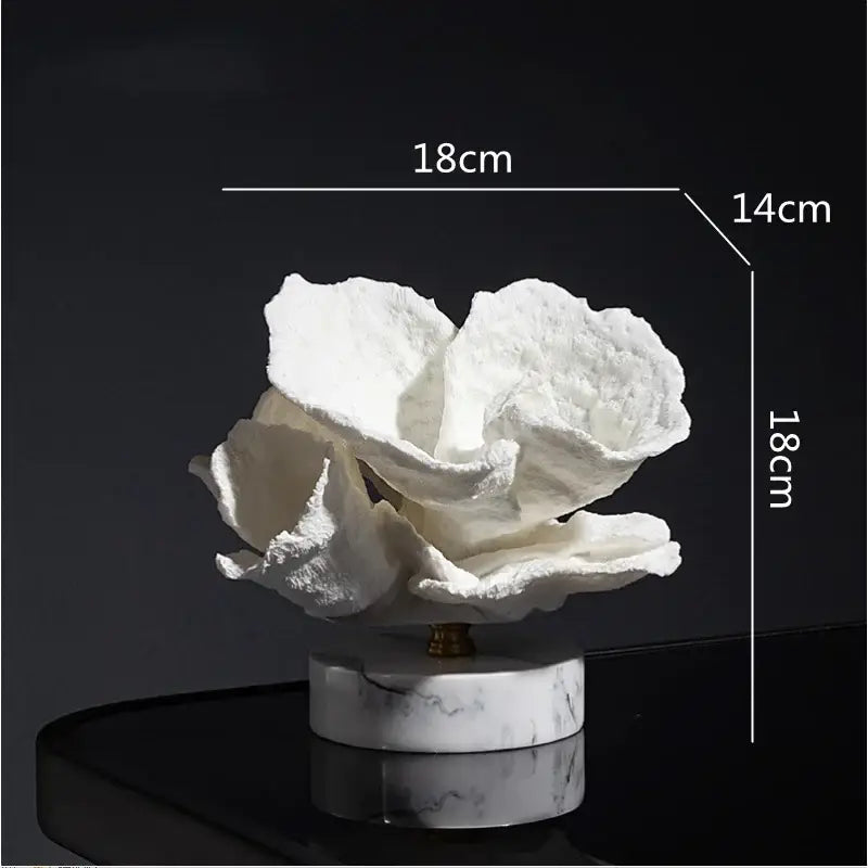 White ceramic coral resin ornaments with marble base for living room decor featuring intricate glossy design