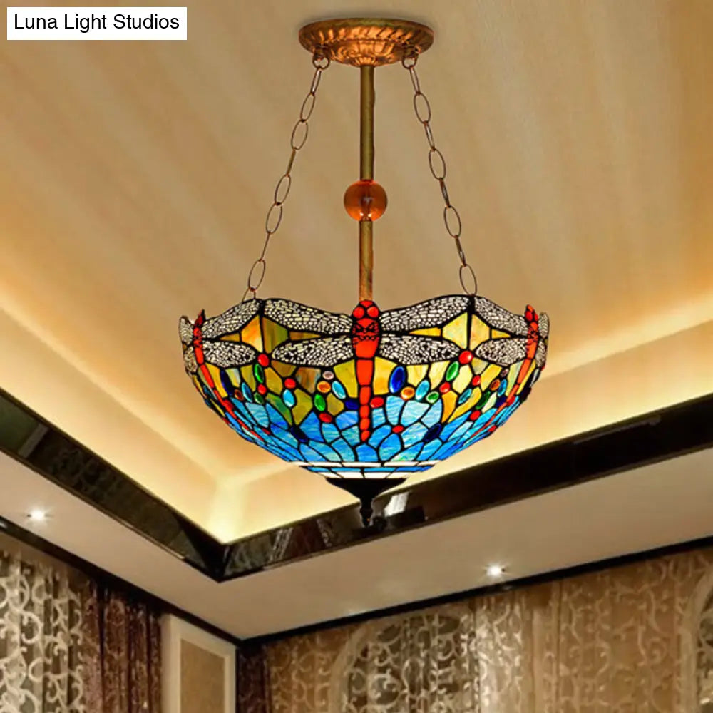 Inverted Dragonfly Tiffany Pendant Lamp - Rustic Stained Glass Chandelier with 3 Lights in Red/Blue