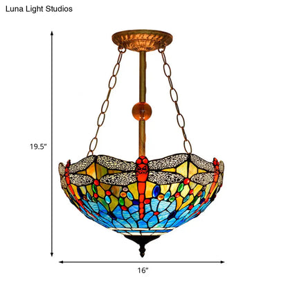 Inverted Dragonfly Tiffany Pendant Lamp - Rustic Stained Glass Chandelier with 3 Lights in Red/Blue