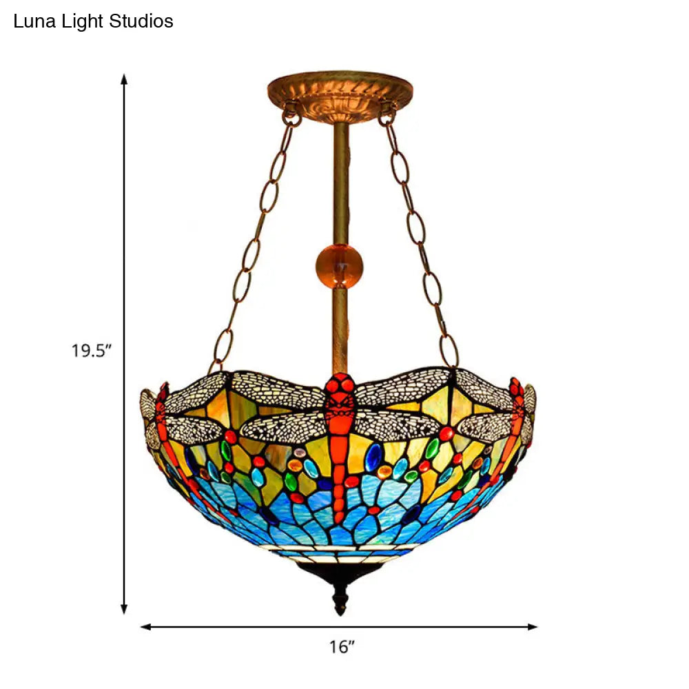 Inverted Dragonfly Tiffany Pendant Lamp - Rustic Stained Glass Chandelier with 3 Lights in Red/Blue