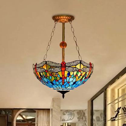 Inverted Dragonfly Tiffany Pendant Lamp - Rustic Stained Glass Chandelier with 3 Lights in Red/Blue