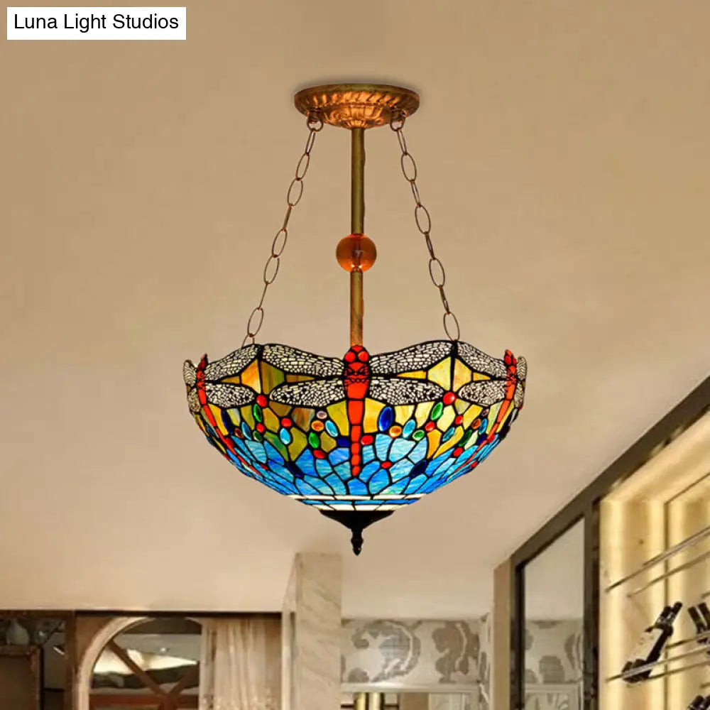 Inverted Dragonfly Tiffany Pendant Lamp - Rustic Stained Glass Chandelier with 3 Lights in Red/Blue