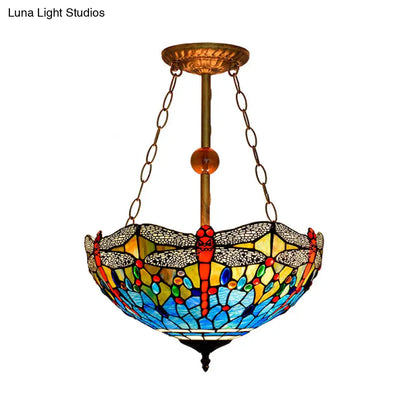 Inverted Dragonfly Tiffany Pendant Lamp - Rustic Stained Glass Chandelier with 3 Lights in Red/Blue