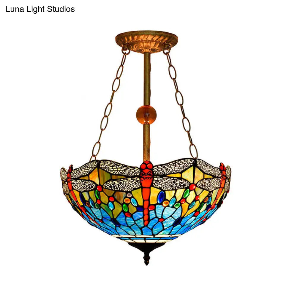 Inverted Dragonfly Tiffany Pendant Lamp - Rustic Stained Glass Chandelier with 3 Lights in Red/Blue