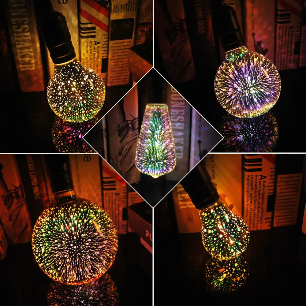 Iridescent spherical glass decorbites 3d led fireworks decor bulb with black base glowing in green purple and blue hues