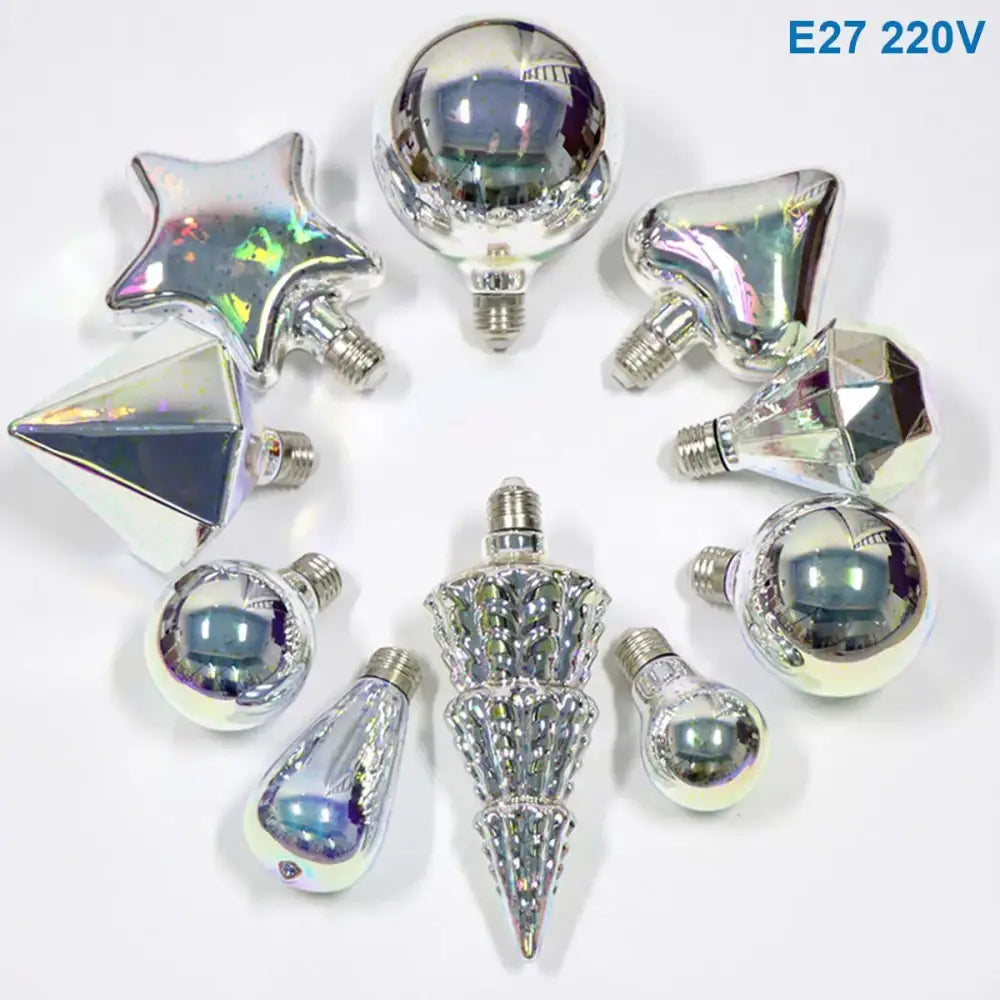 A collection of iridescent metallic-finish decorbites 3d led fireworks decor bulbs in star pyramid and diamond shapes for ambient light