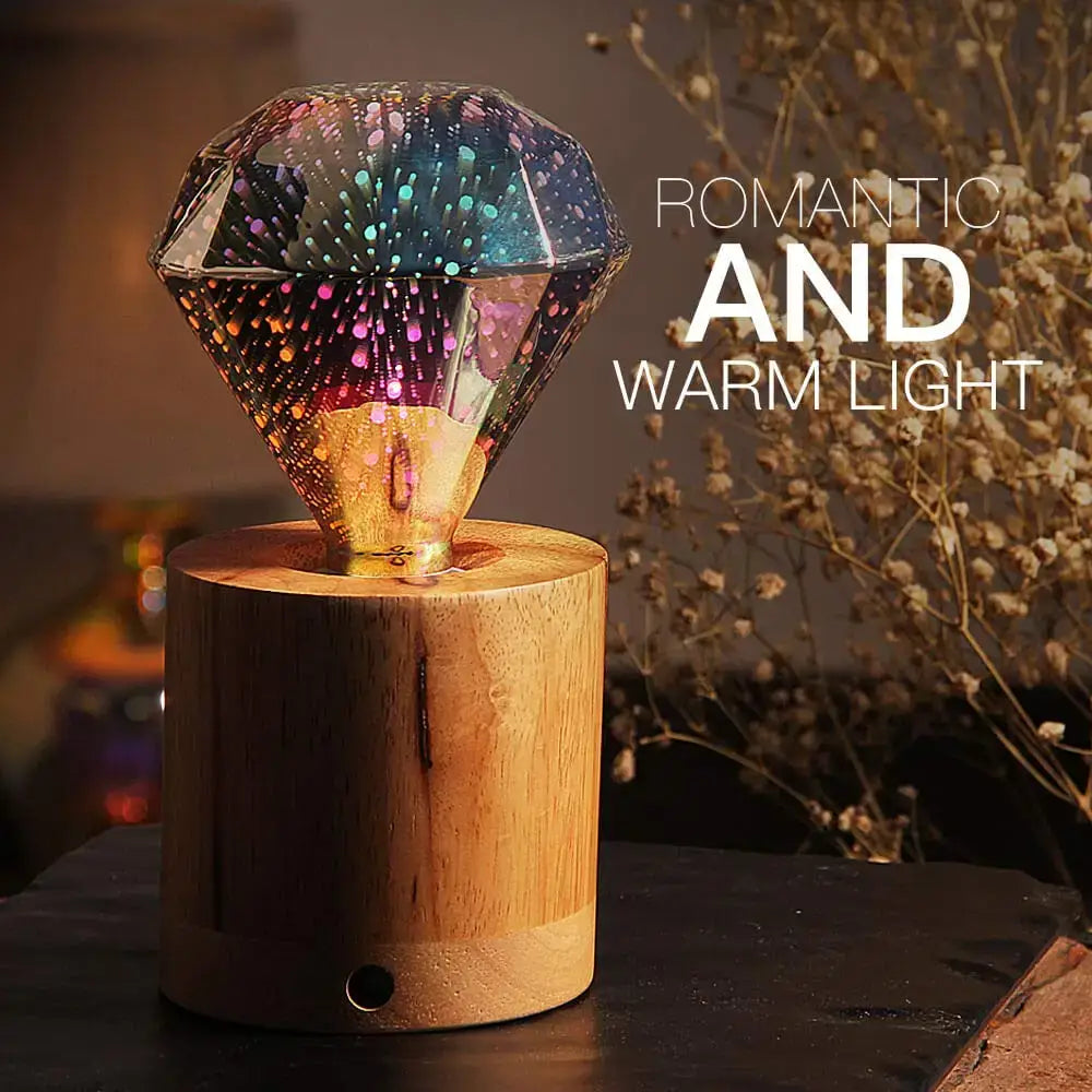 A colorful faceted diamond-shaped decorbites 3d led fireworks decor bulb with warm glow on a natural wood base