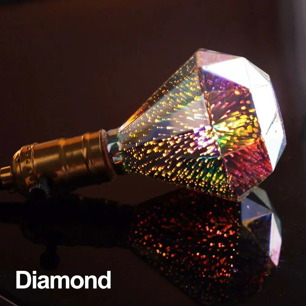 A faceted rainbow-hued iridescent 3d led fireworks decor bulb with a brass base for living room ambient light