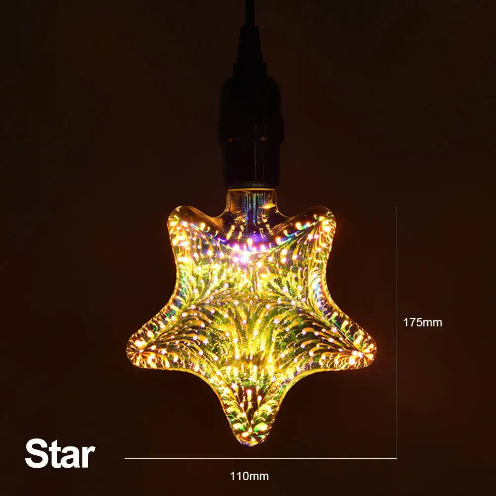 A glowing five-pointed decorbites 3d led fireworks decor bulb with textured glass reflecting warm yellow iridescent hues