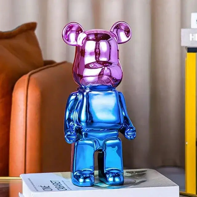 Glossy two-toned bearbrick piggy bank with reflective purple head and blue body for bear tv cabinet sculpture decor