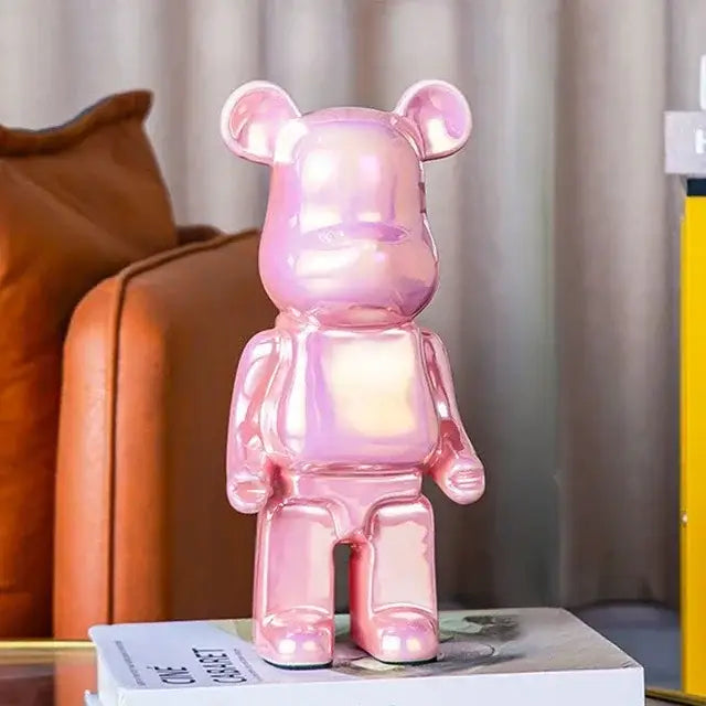 Pink holographic finish Be@rbrick piggy bank with iridescent cabinet sculpture decor for living room display